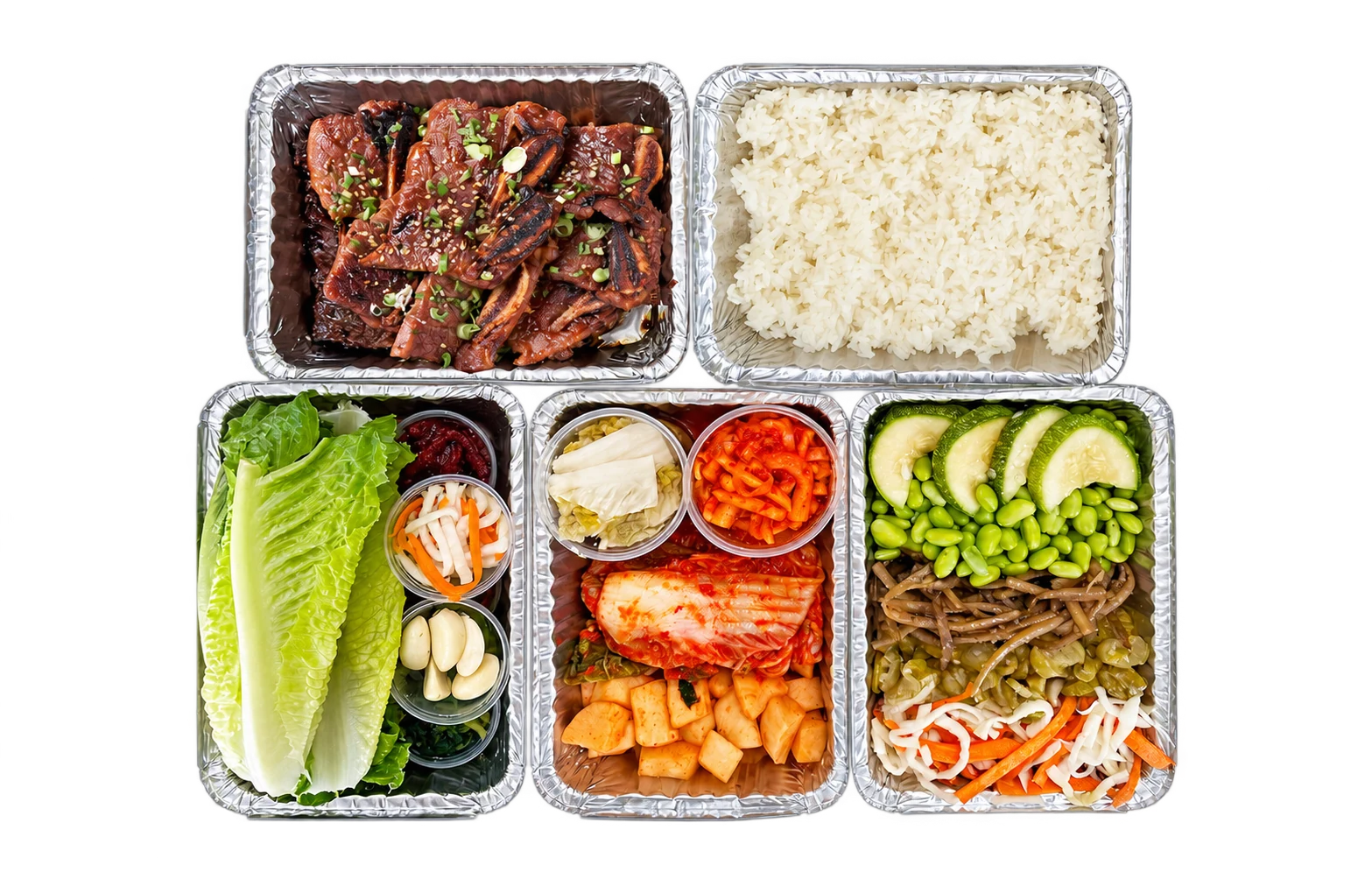 Family-size LA Galbi short ribs, rice, kimchi, and vegetable sides